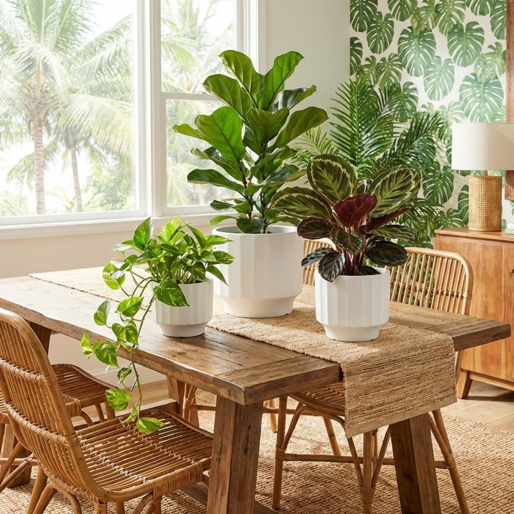 3-Piece White Stoneware Planter Set with Fluted Design