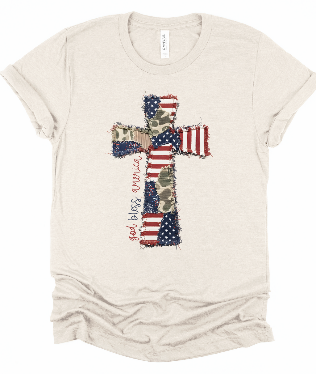 God Bless America Cross Patchwork Bella Canvas Graphic Tee