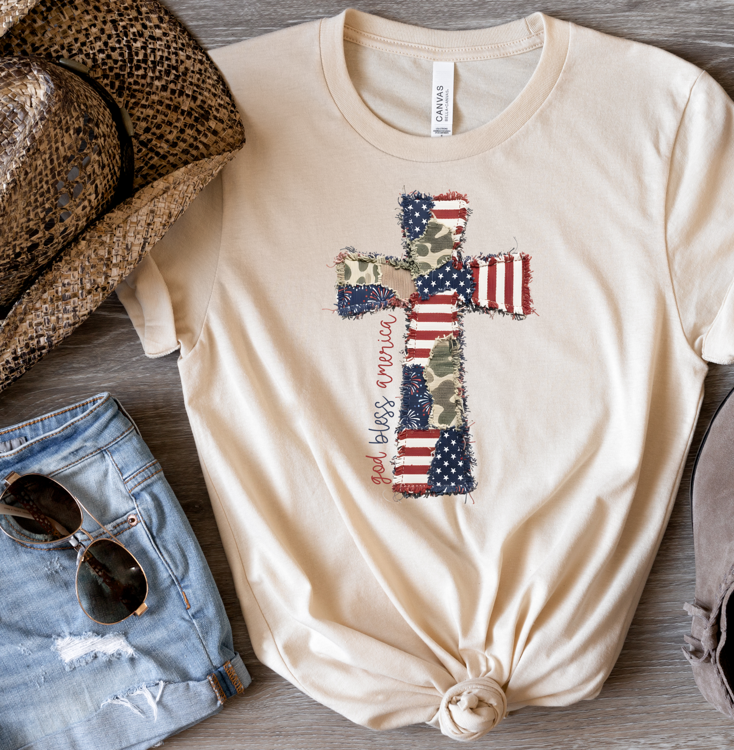 God Bless America Cross Patchwork Bella Canvas Graphic Tee